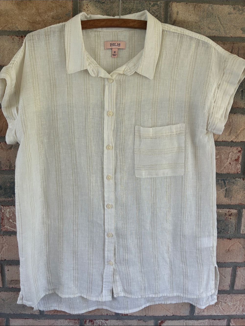 Per Se Women's M Ivory Gold Stripe Button Up Cap Sleeve Blouse Shirt Pocket